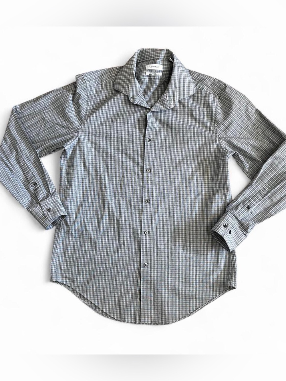 Calvin Klein Grey and white plaid button-up long sleeve slim fit shirt